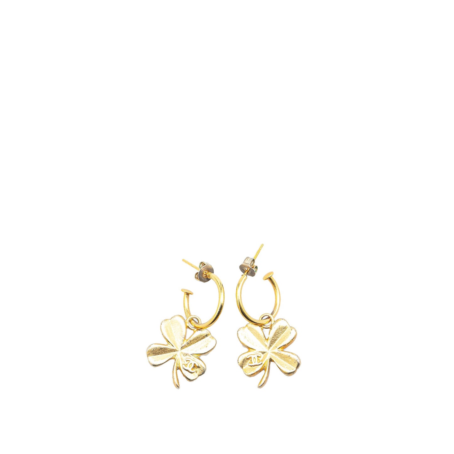 Gold Chanel Gold Plated Clover Hoop Push Back Earrings