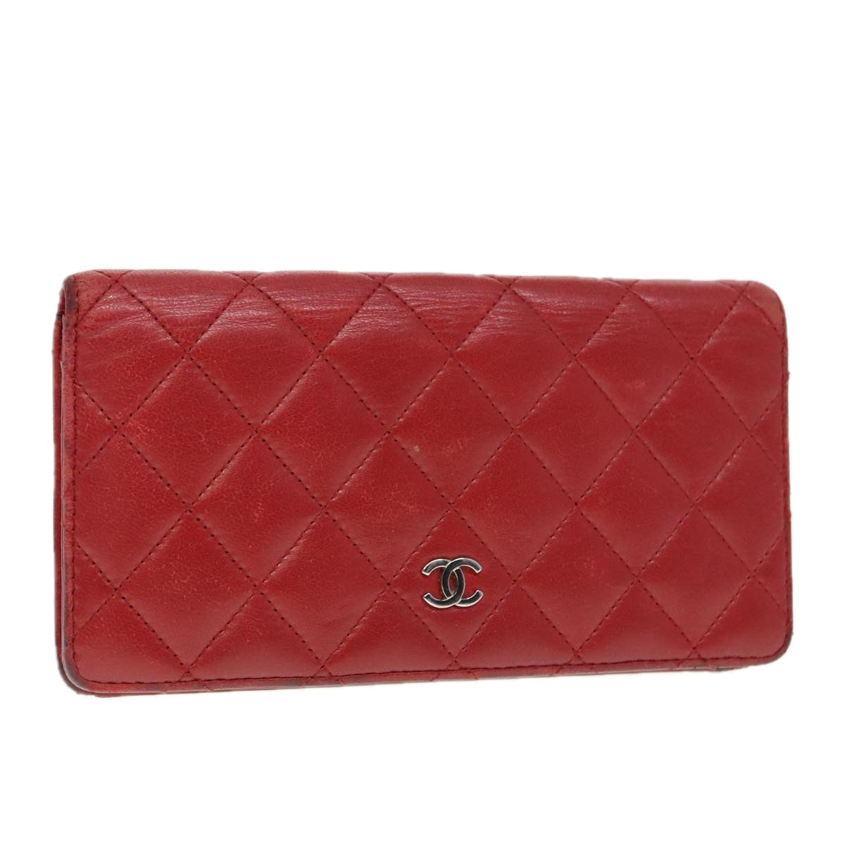 CHANEL Matelasse Wallet Lamb Skin Red Silver CC 90620