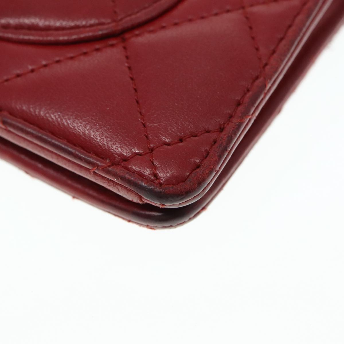CHANEL Matelasse Wallet Lamb Skin Red Silver CC 90620