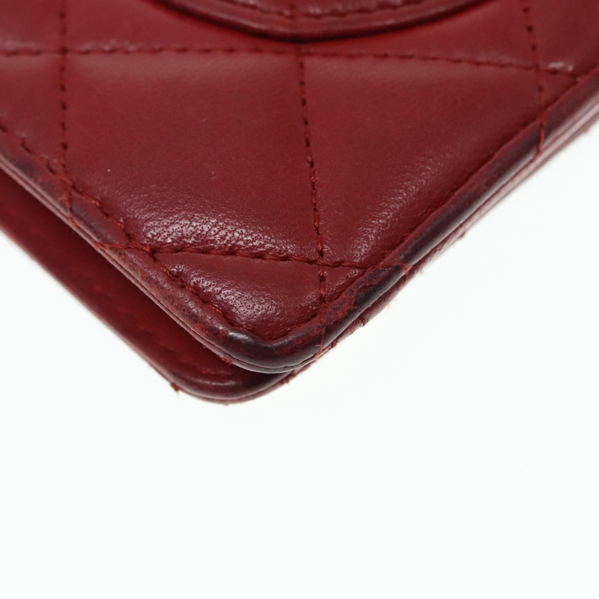 CHANEL Matelasse Wallet Lamb Skin Red Silver CC 90620