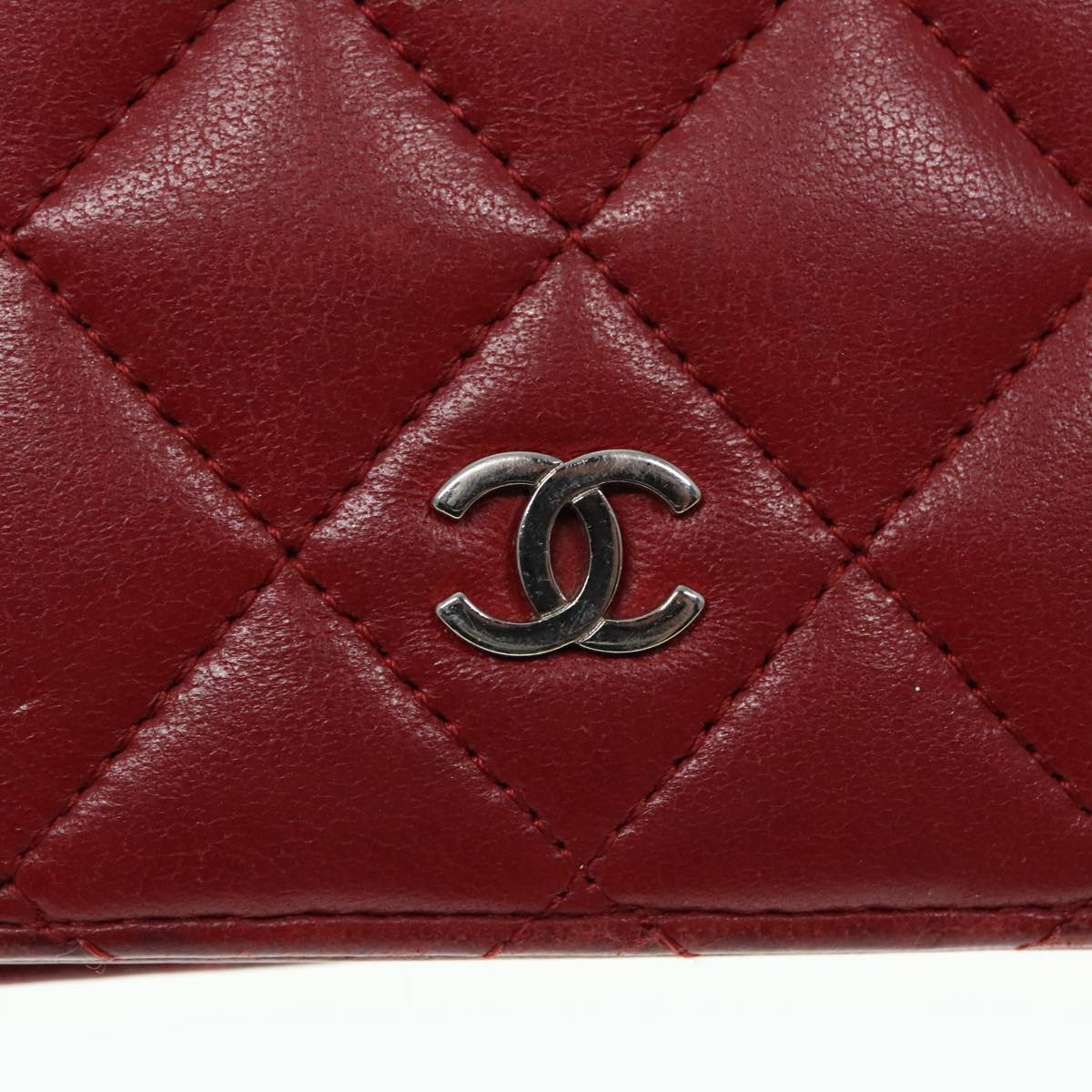 CHANEL Matelasse Wallet Lamb Skin Red Silver CC 90620