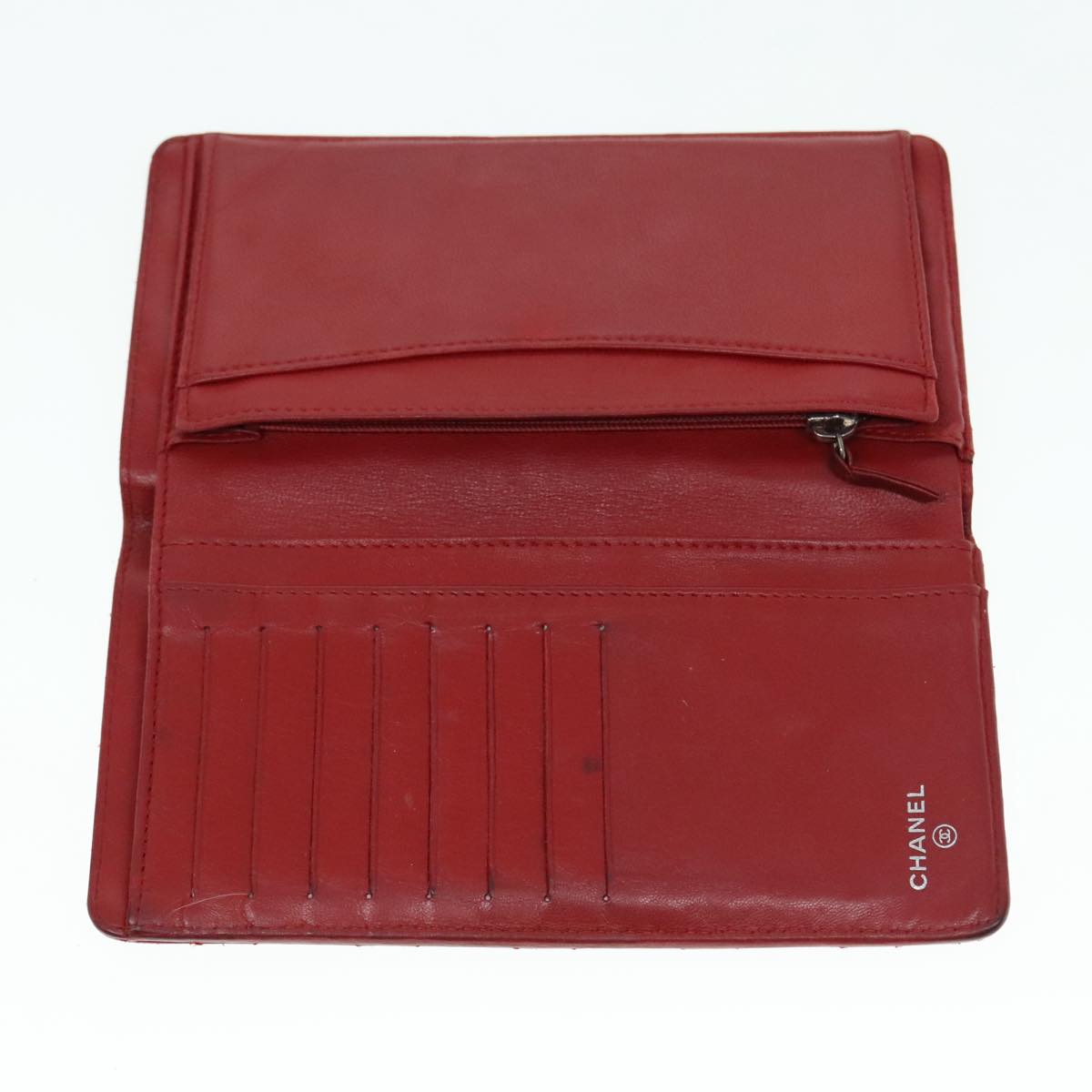 CHANEL Matelasse Wallet Lamb Skin Red Silver CC 90620