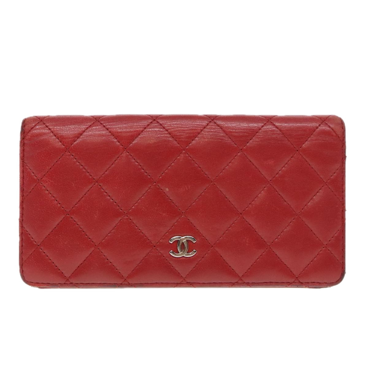 CHANEL Matelasse Wallet Lamb Skin Red Silver CC 90620