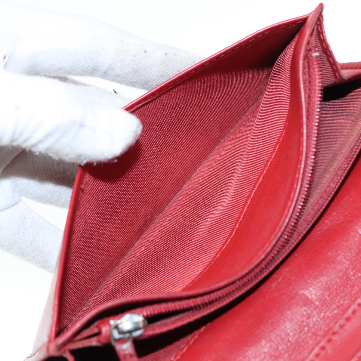 CHANEL Matelasse Wallet Lamb Skin Red Silver CC 90620