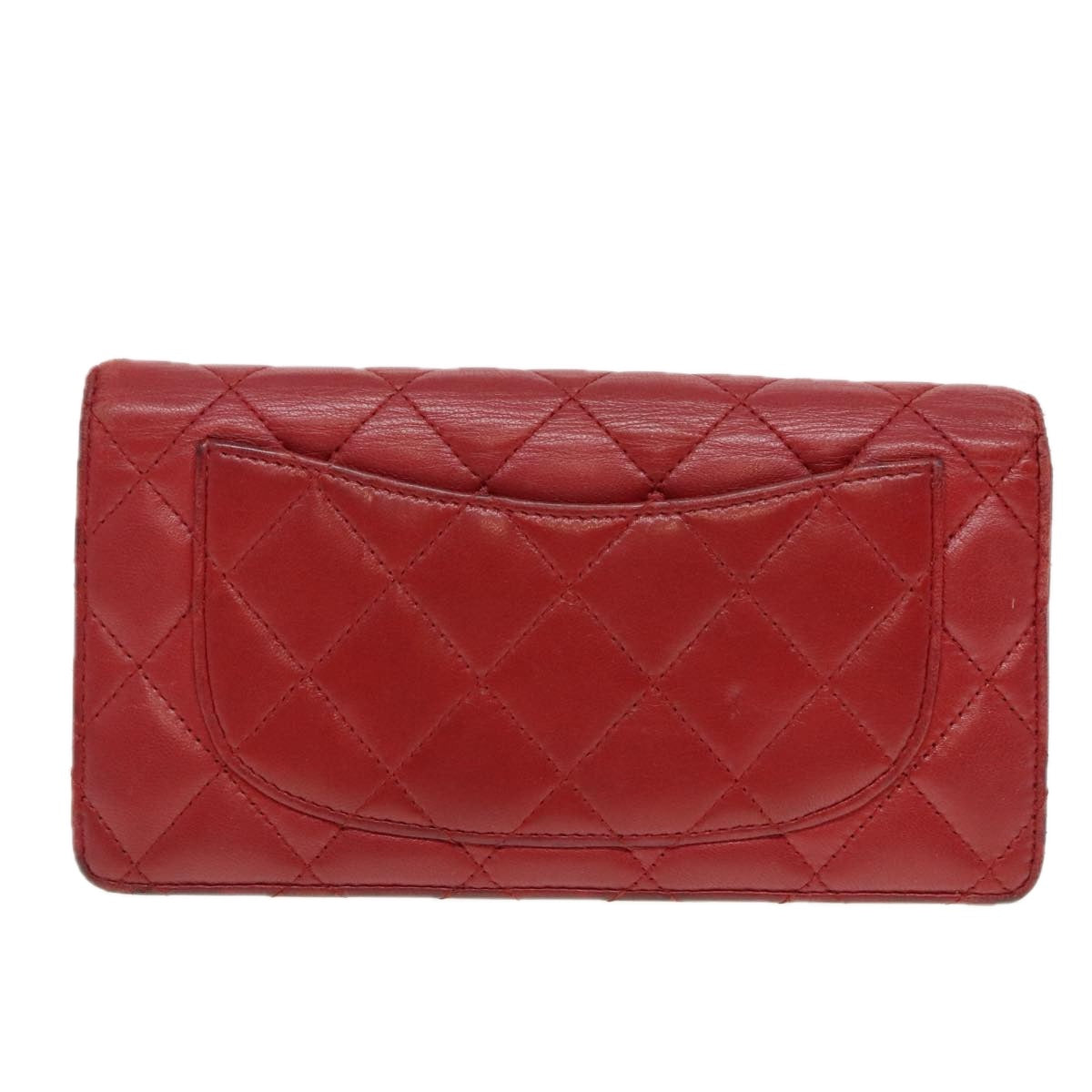 CHANEL Matelasse Wallet Lamb Skin Red Silver CC 90620