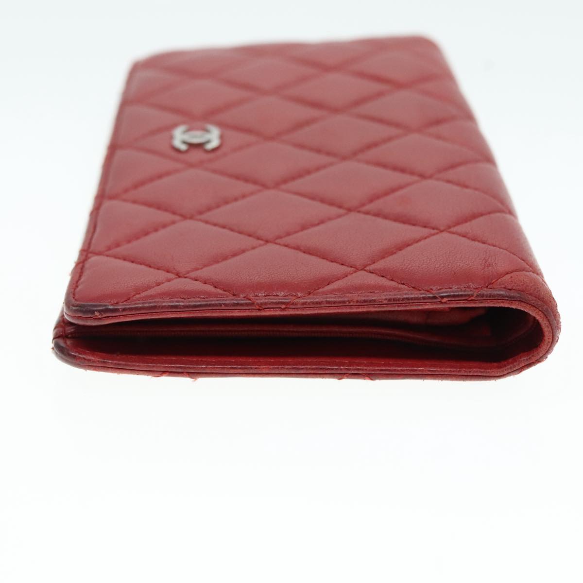 CHANEL Matelasse Wallet Lamb Skin Red Silver CC 90620