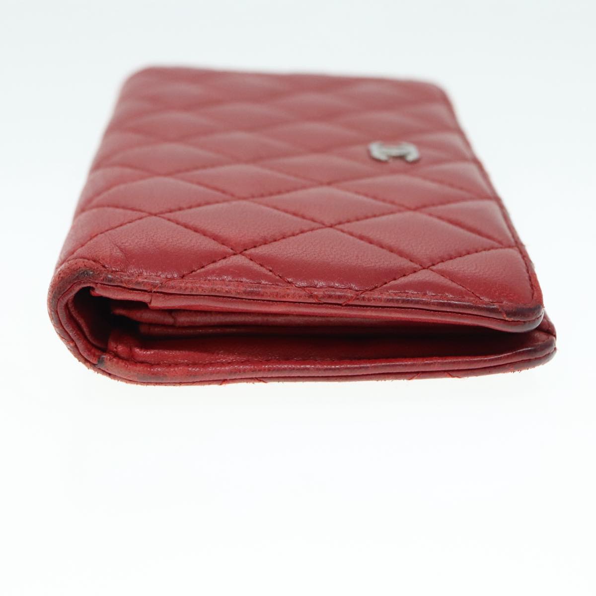CHANEL Matelasse Wallet Lamb Skin Red Silver CC 90620