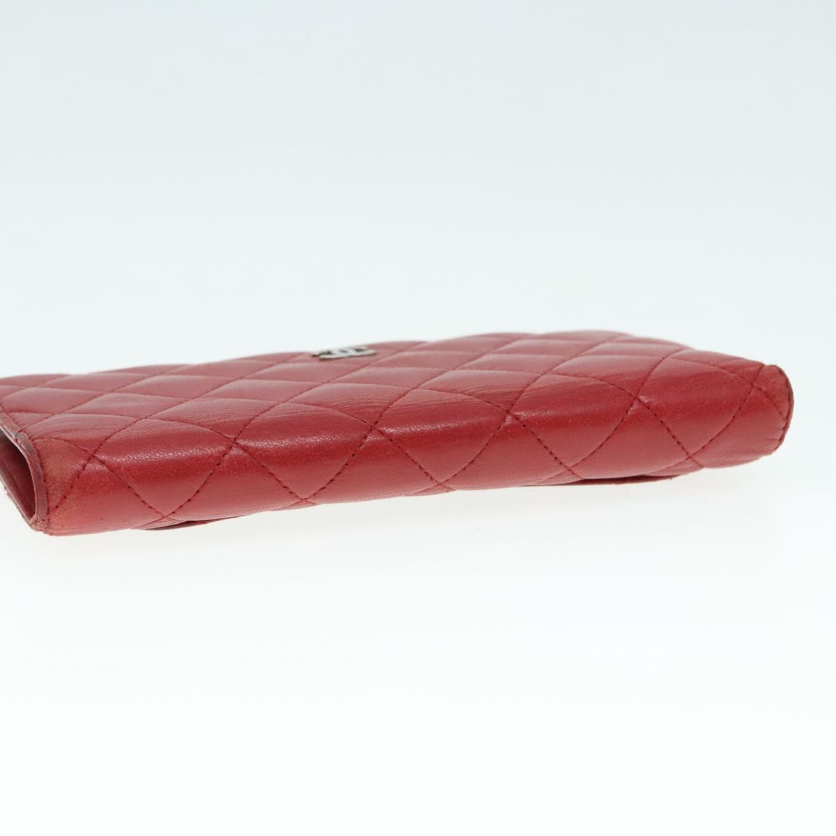 CHANEL Matelasse Wallet Lamb Skin Red Silver CC 90620