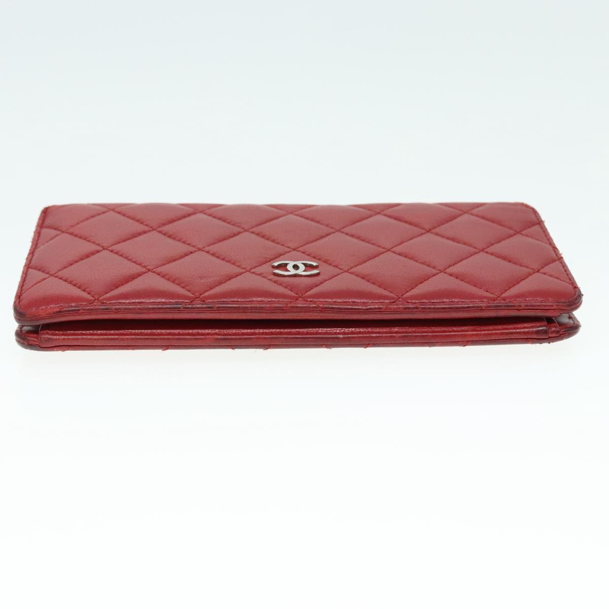 CHANEL Matelasse Wallet Lamb Skin Red Silver CC 90620