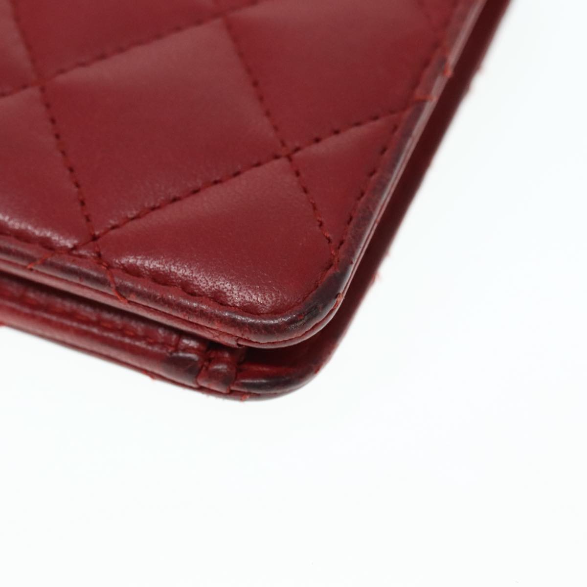 CHANEL Matelasse Wallet Lamb Skin Red Silver CC 90620