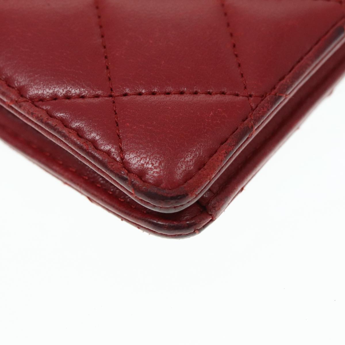 CHANEL Matelasse Wallet Lamb Skin Red Silver CC 90620