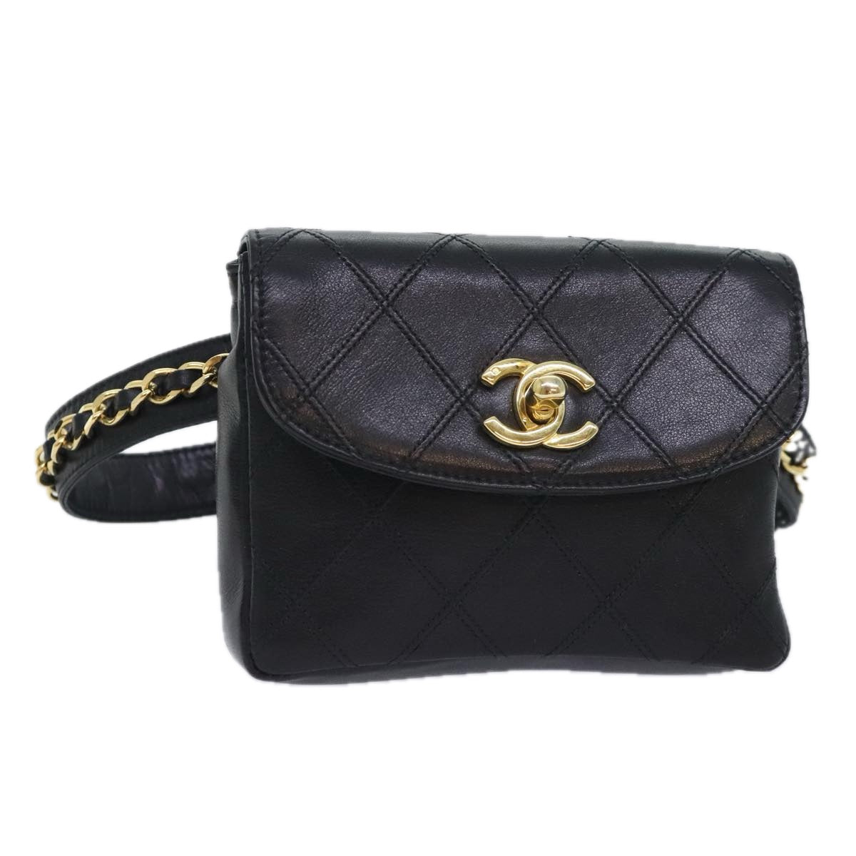 CHANEL Bicolore Chain Waist bag Leather Black Gold CC 90785A