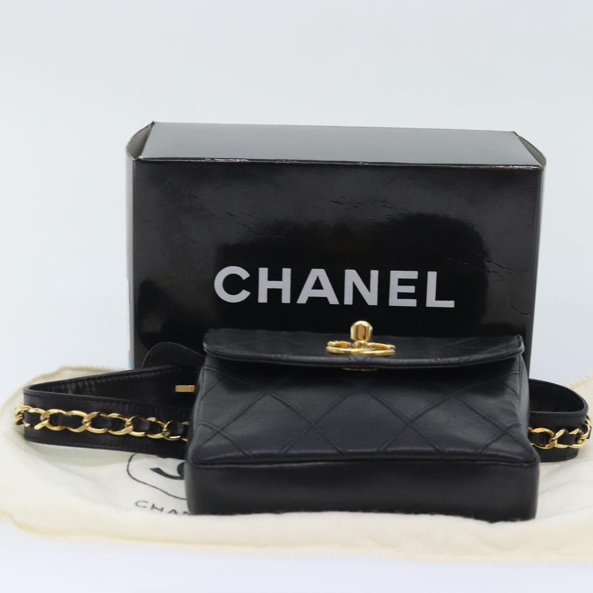 CHANEL Bicolore Chain Waist bag Leather Black Gold CC 90785A