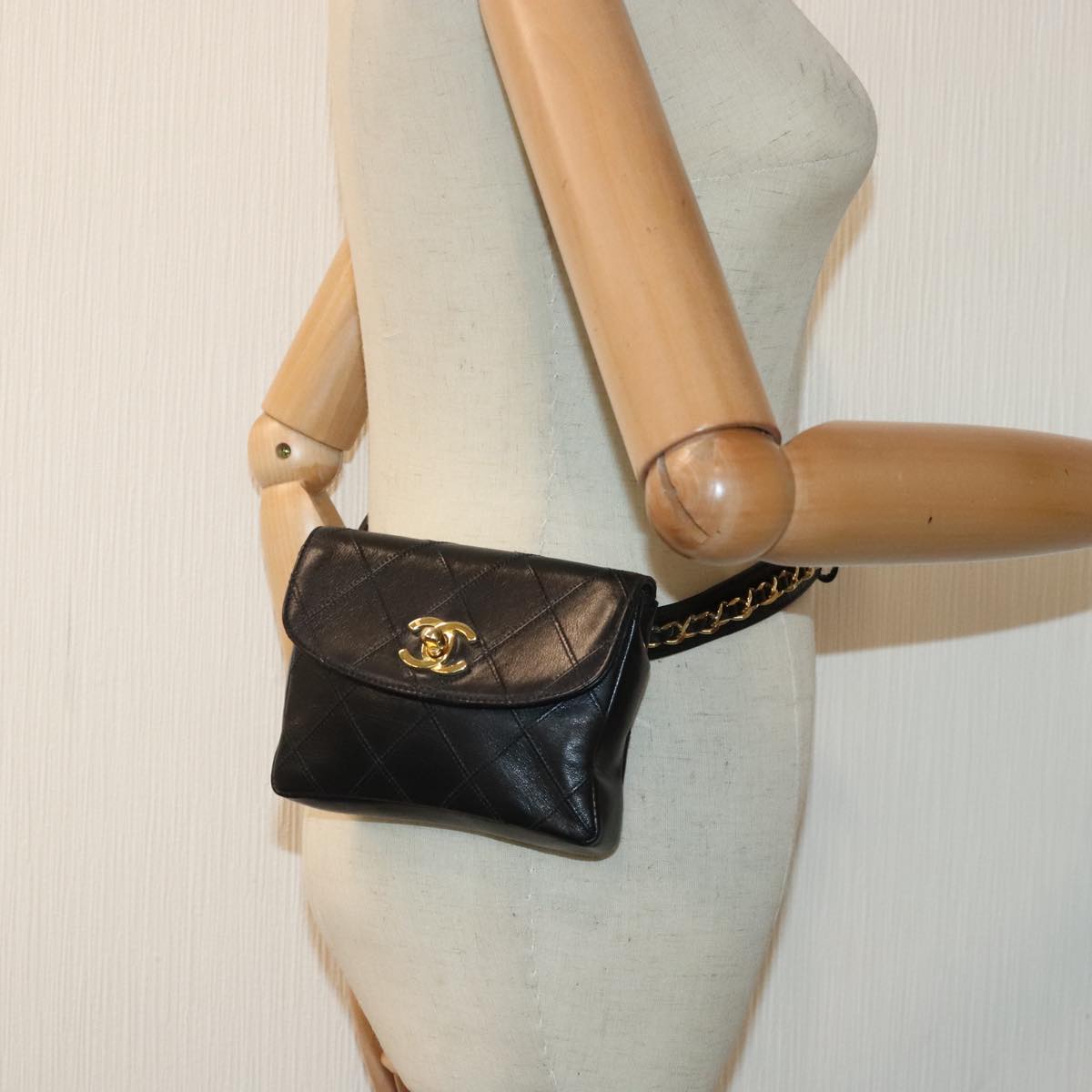 CHANEL Bicolore Chain Waist bag Leather Black Gold CC 90785A
