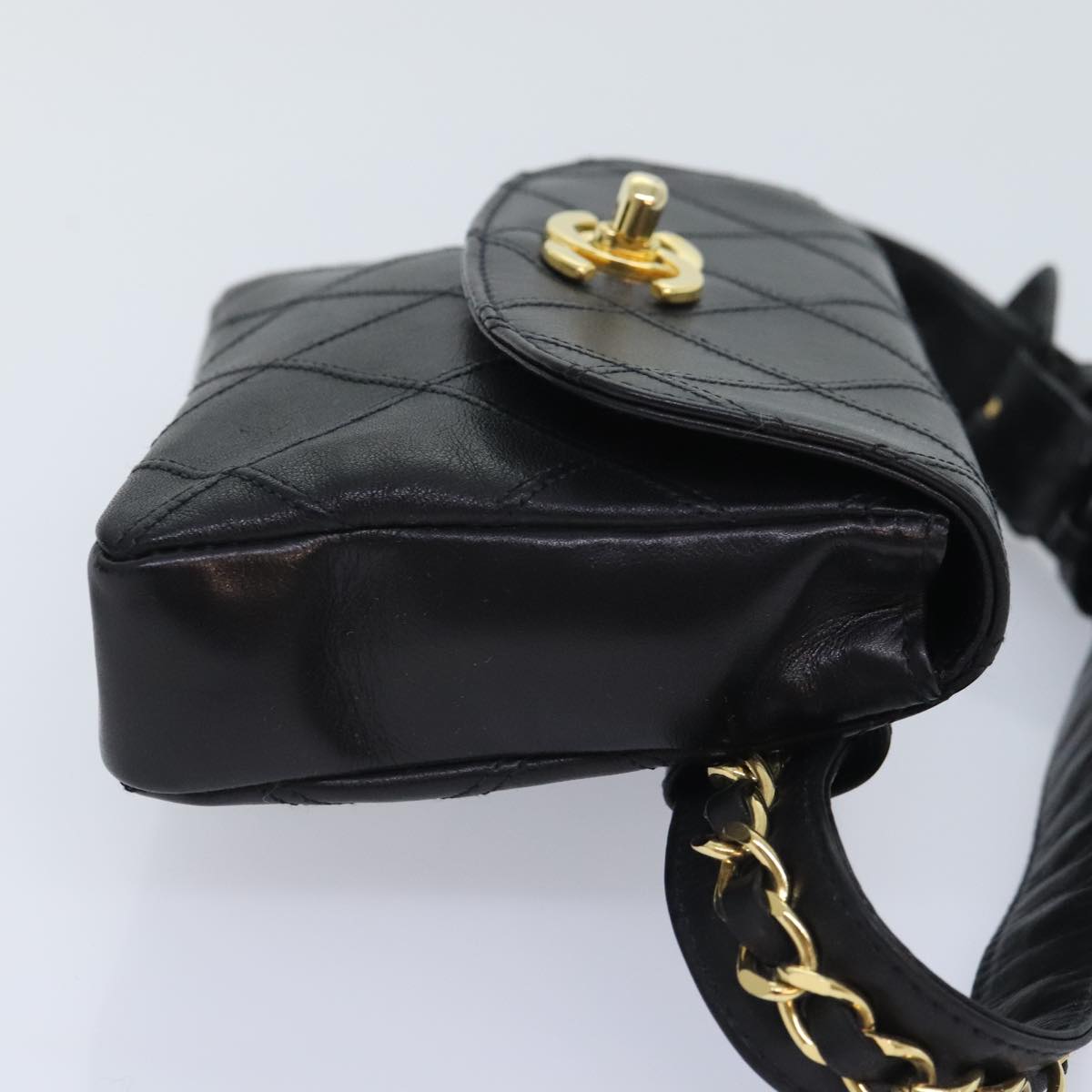 CHANEL Bicolore Chain Waist bag Leather Black Gold CC 90785A