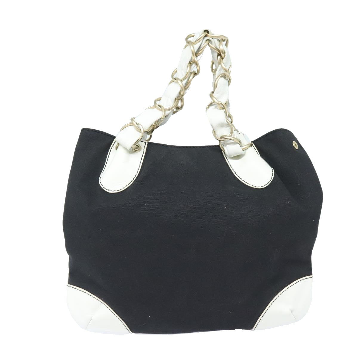 CHANEL COCO Mark Chain Tote Bag Canvas Leather Black White gold CC 90837