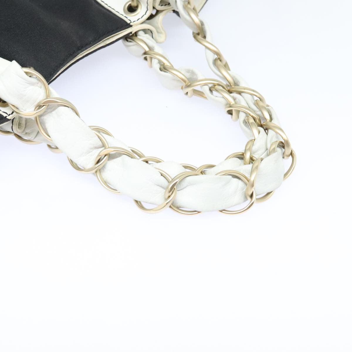 CHANEL COCO Mark Chain Tote Bag Canvas Leather Black White gold CC 90837