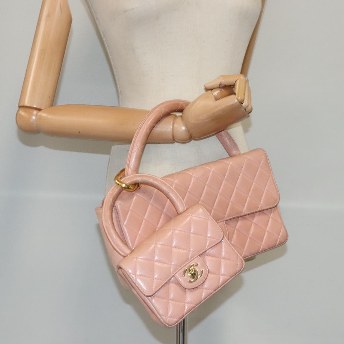 CHANEL Parent Child Bag Hand Bag Lamb Skin Pink Gold CC 90957A