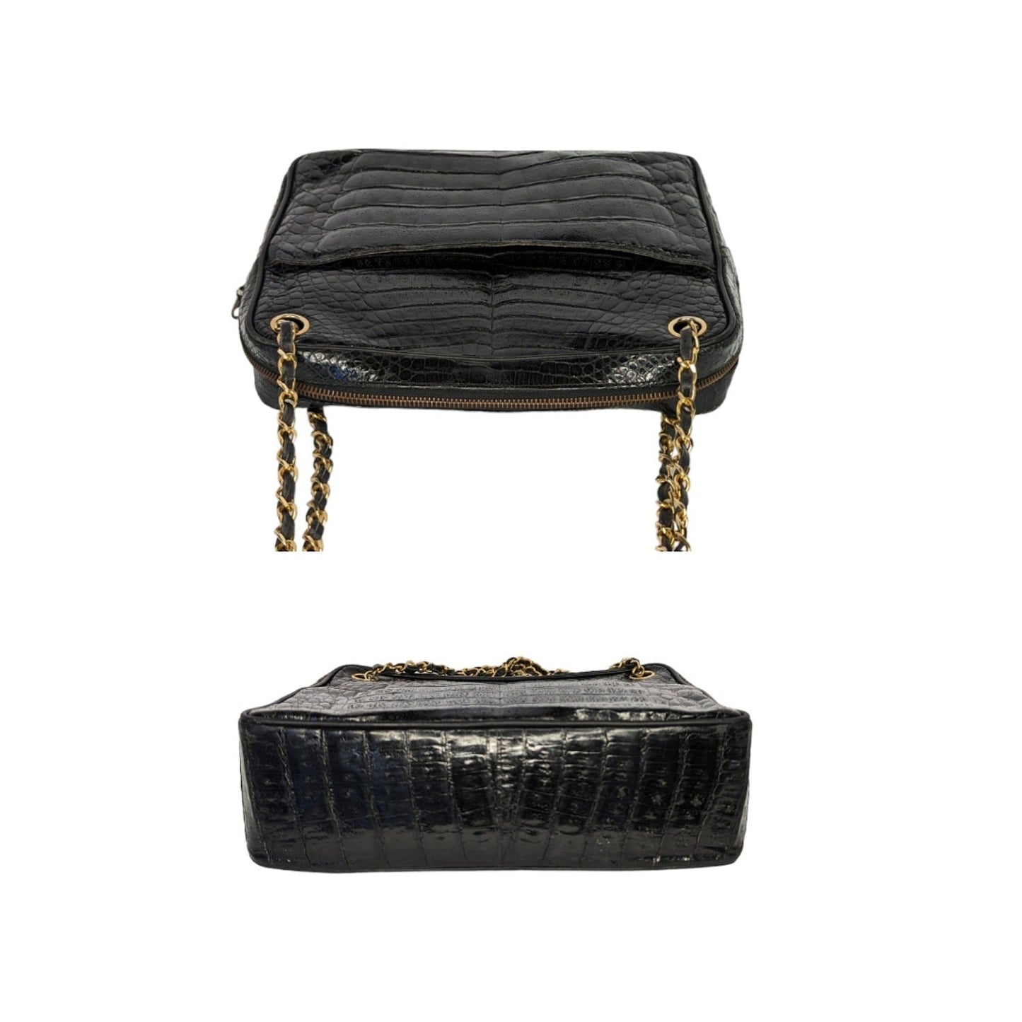 Chanel 80s Black Shiny Alligator Camera Shoulder Bag