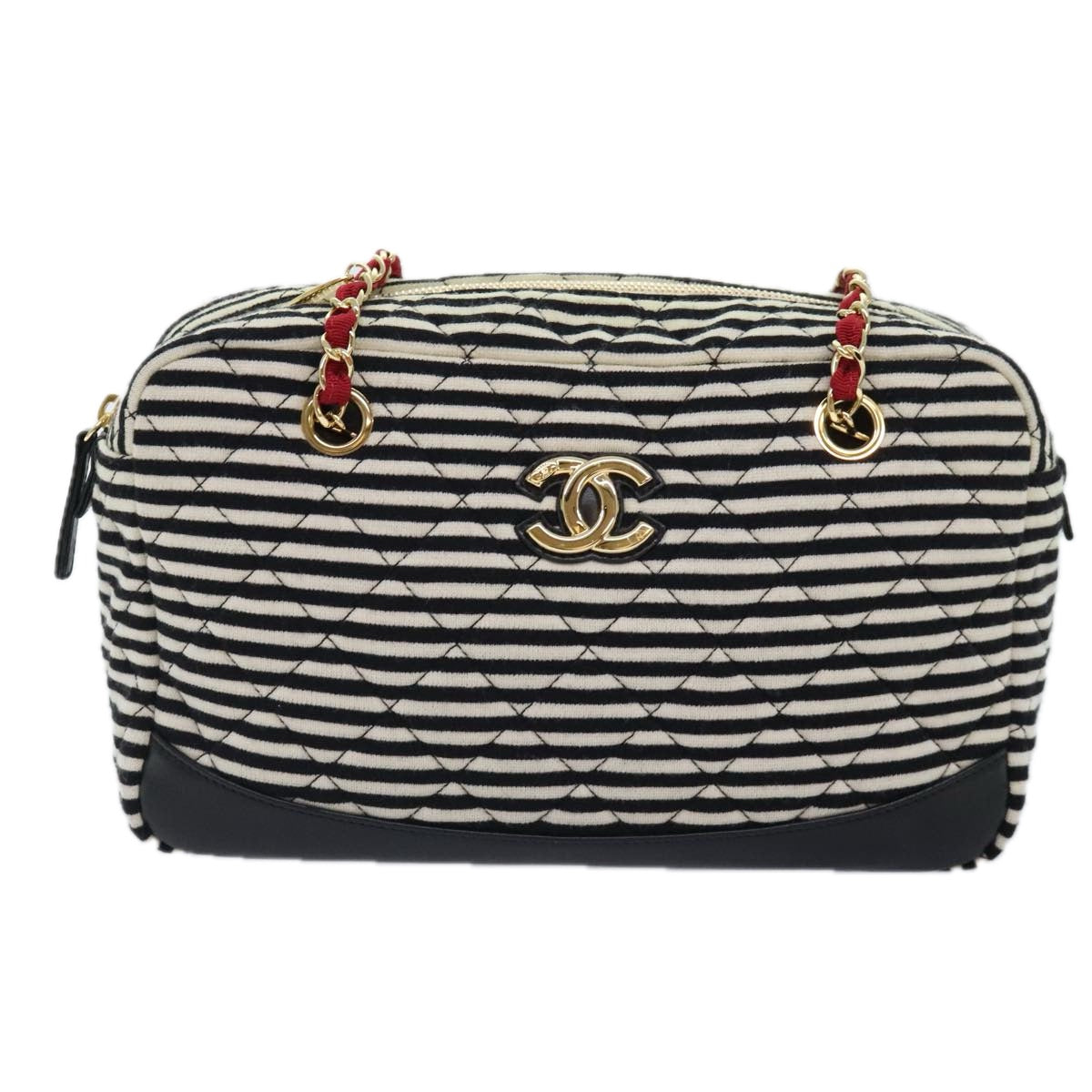 CHANEL Matelasse Chain Shoulder Bag Cotton Black White CC 92066S