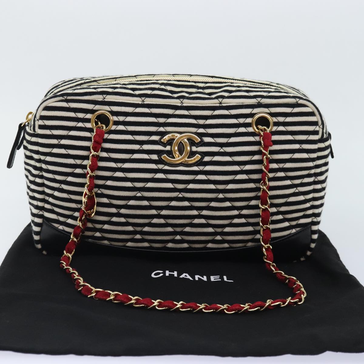 CHANEL Matelasse Chain Shoulder Bag Cotton Black White CC 92066S