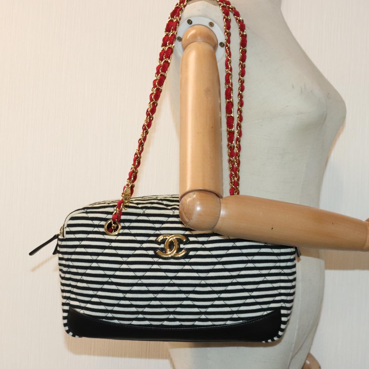 CHANEL Matelasse Chain Shoulder Bag Cotton Black White CC 92066S