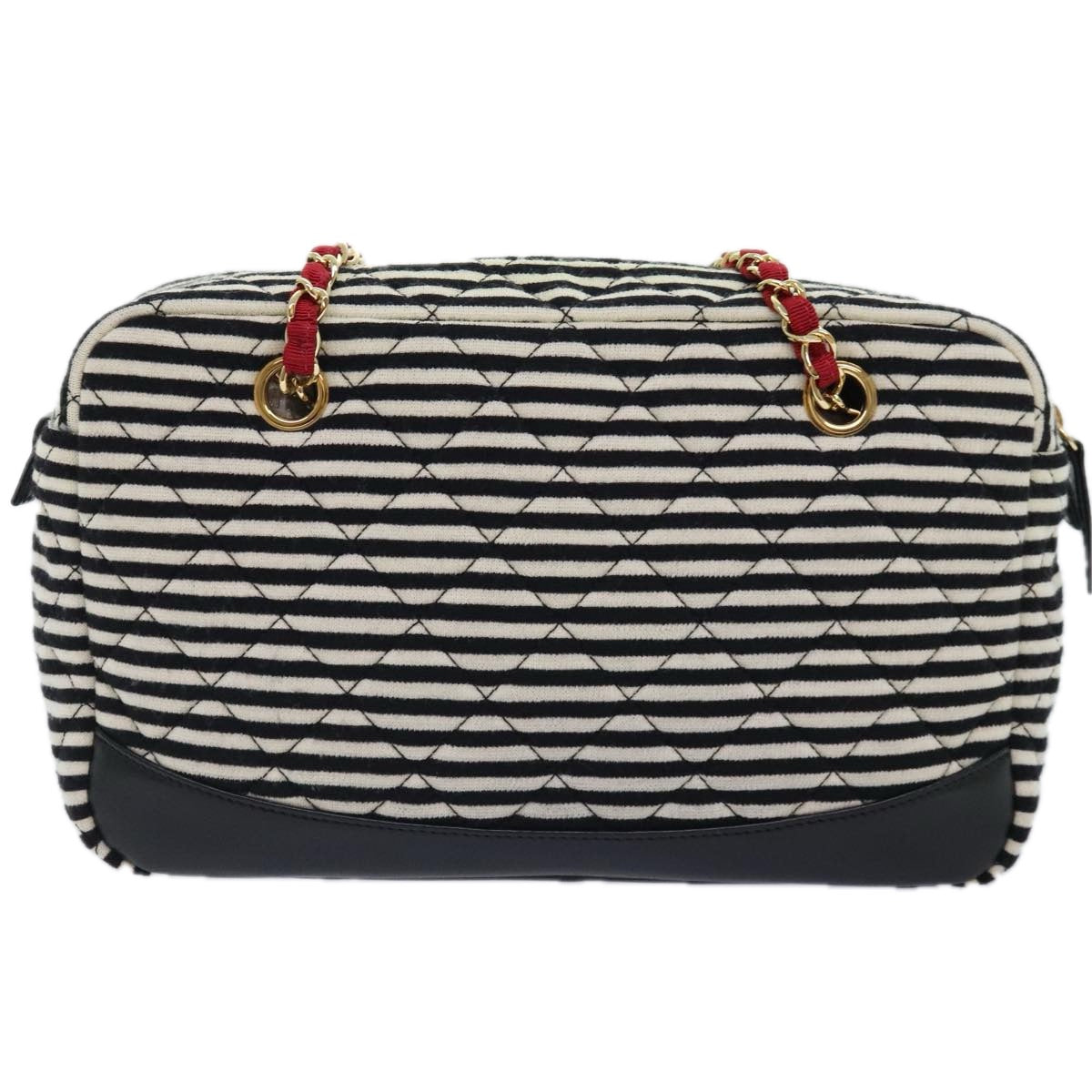 CHANEL Matelasse Chain Shoulder Bag Cotton Black White CC 92066S
