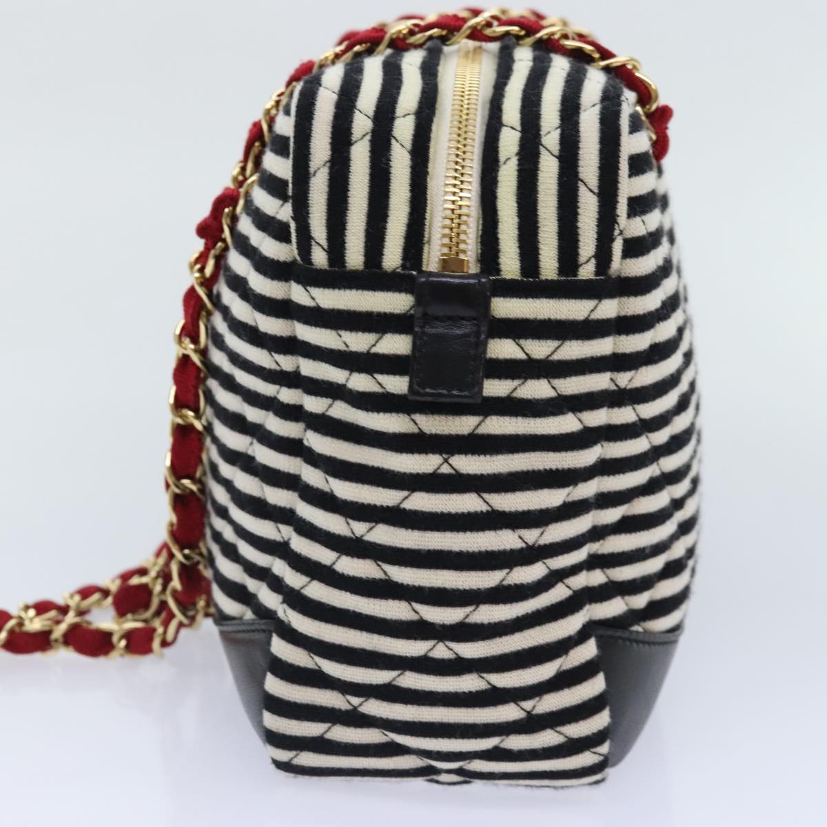 CHANEL Matelasse Chain Shoulder Bag Cotton Black White CC 92066S