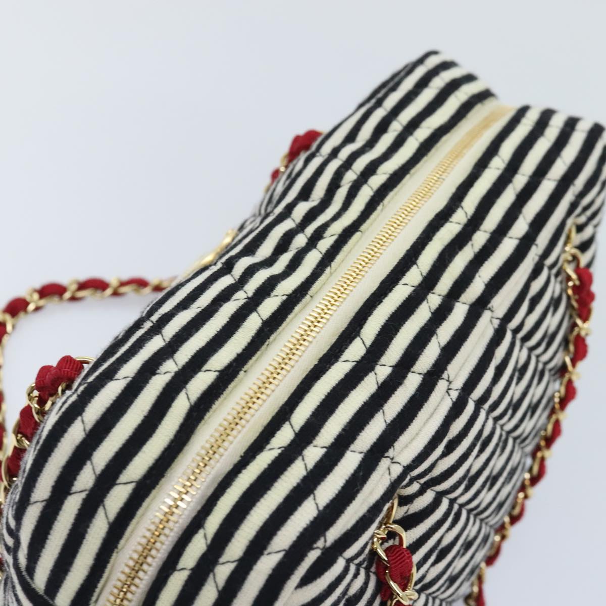 CHANEL Matelasse Chain Shoulder Bag Cotton Black White CC 92066S