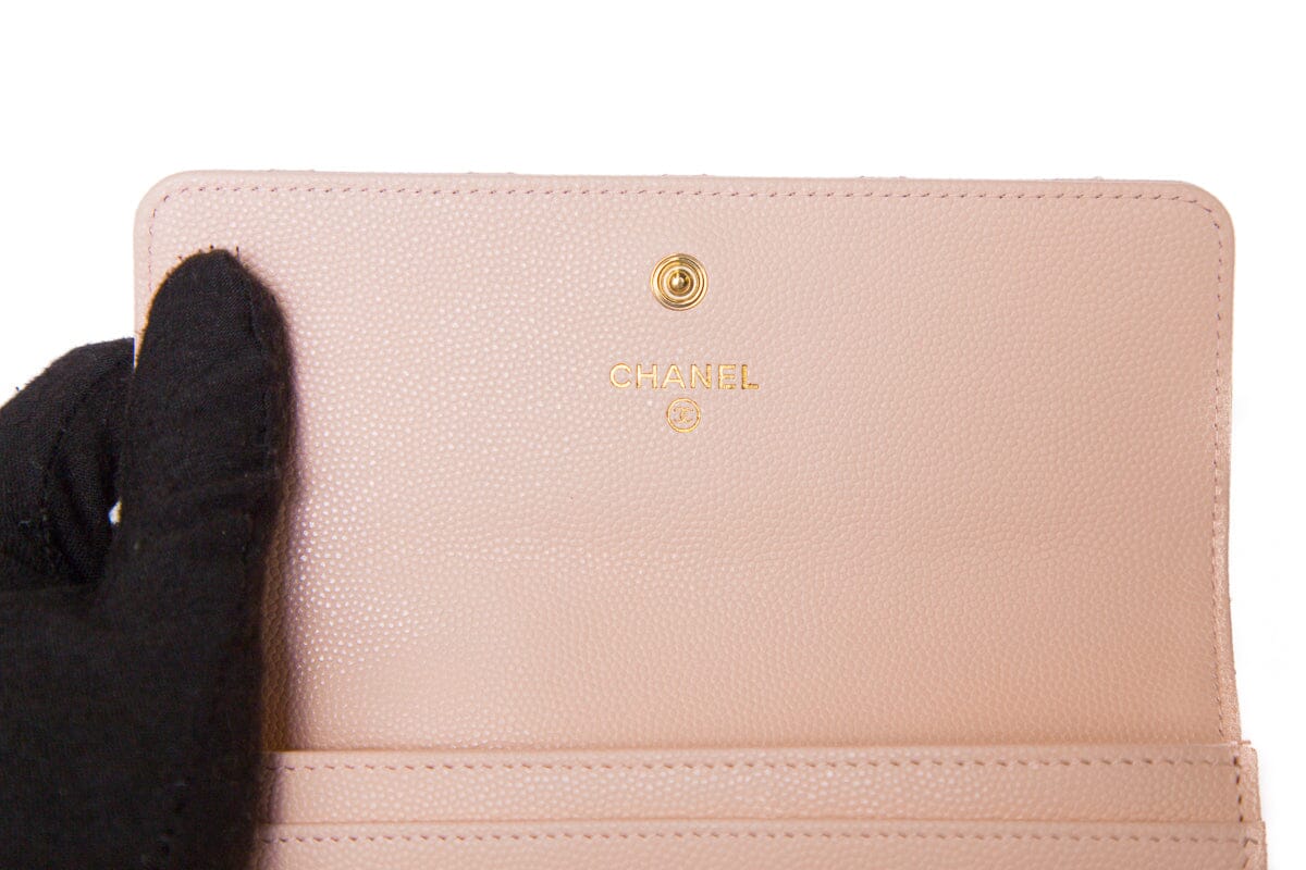 Chanel Light Pink Caviar Quilted Crystal CC Large Gusset Flap Wallet