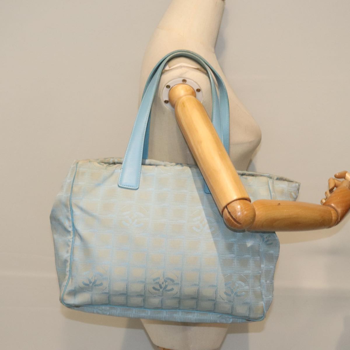CHANEL New Travel Line Tote Bag Nylon Leather Baby Blue Silver CC 93431