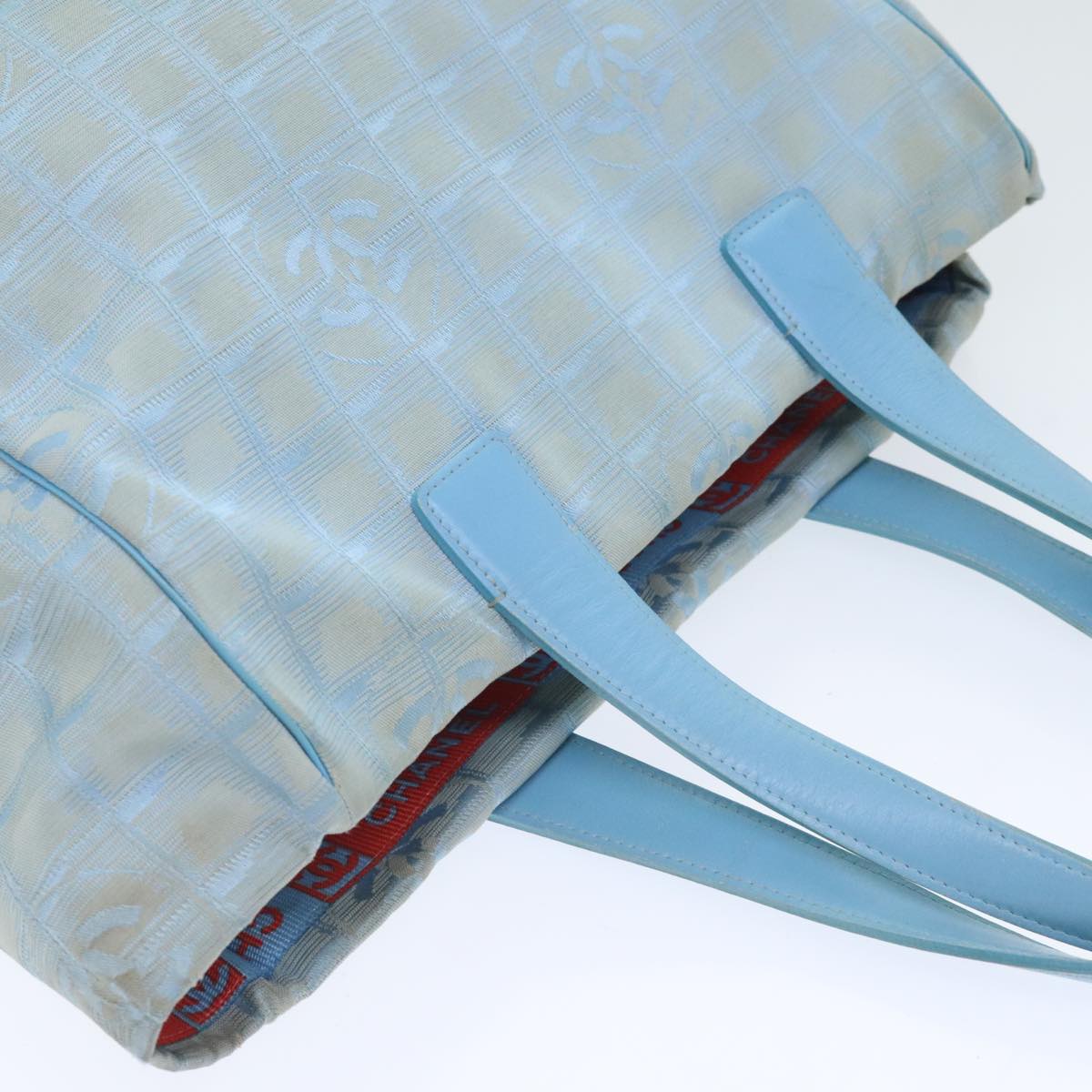 CHANEL New Travel Line Tote Bag Nylon Leather Baby Blue Silver CC 93431