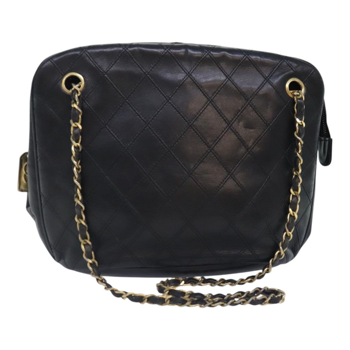 CHANEL Chain Tote Bag Lamb Skin Black Gold CC 93802