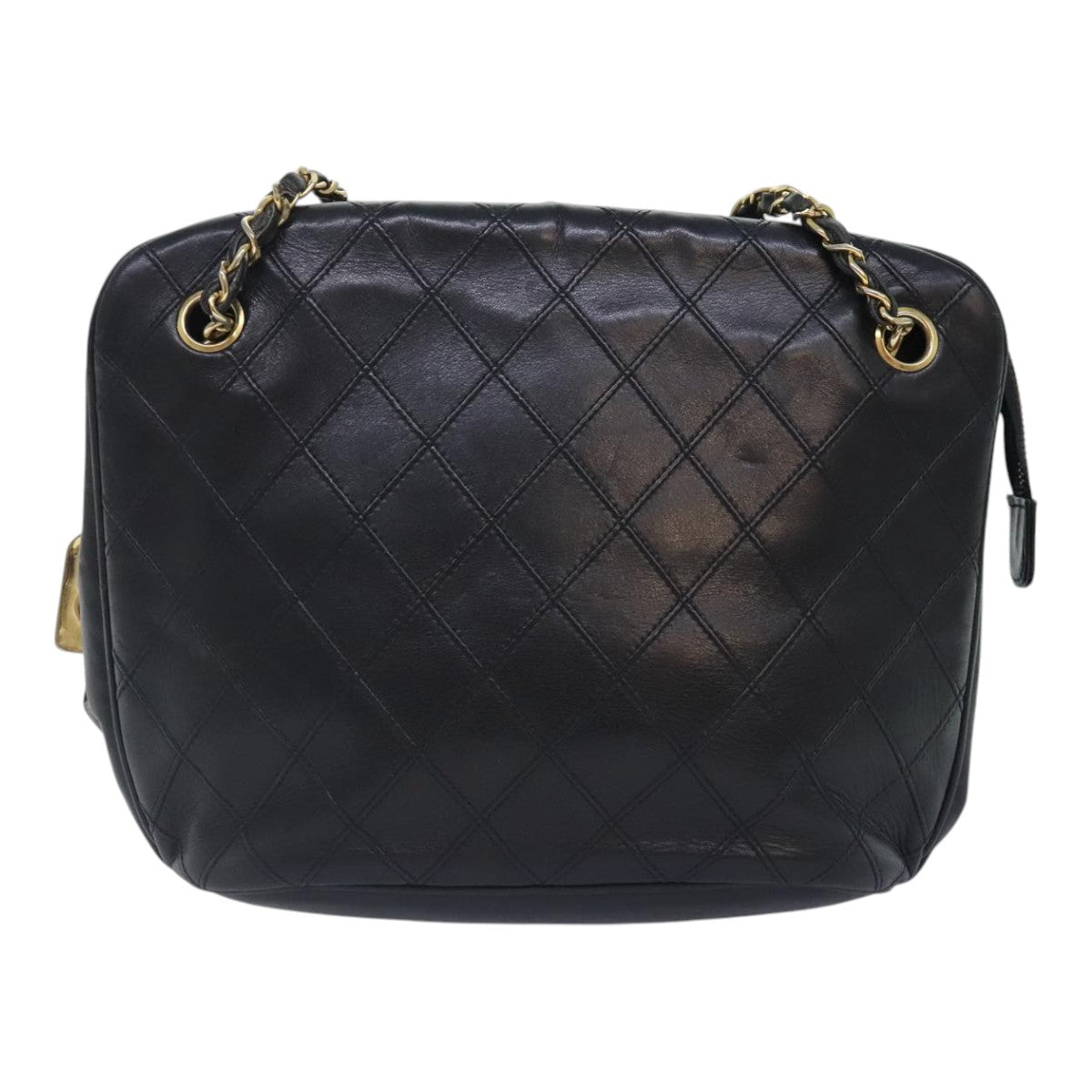 CHANEL Chain Tote Bag Lamb Skin Black Gold CC 93802