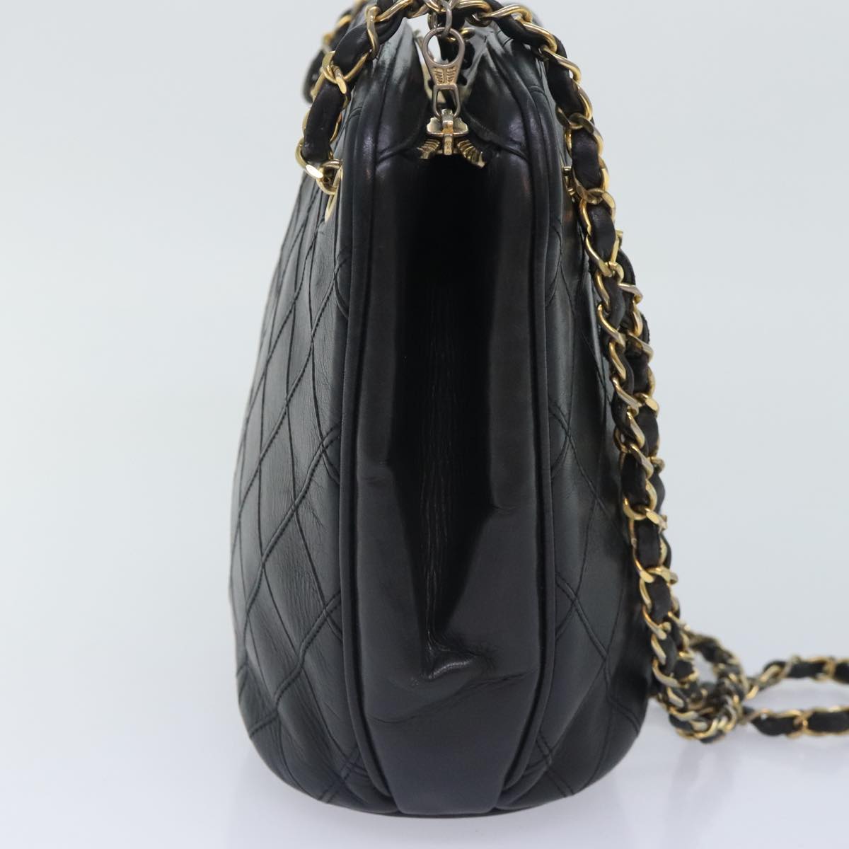CHANEL Chain Tote Bag Lamb Skin Black Gold CC 93802