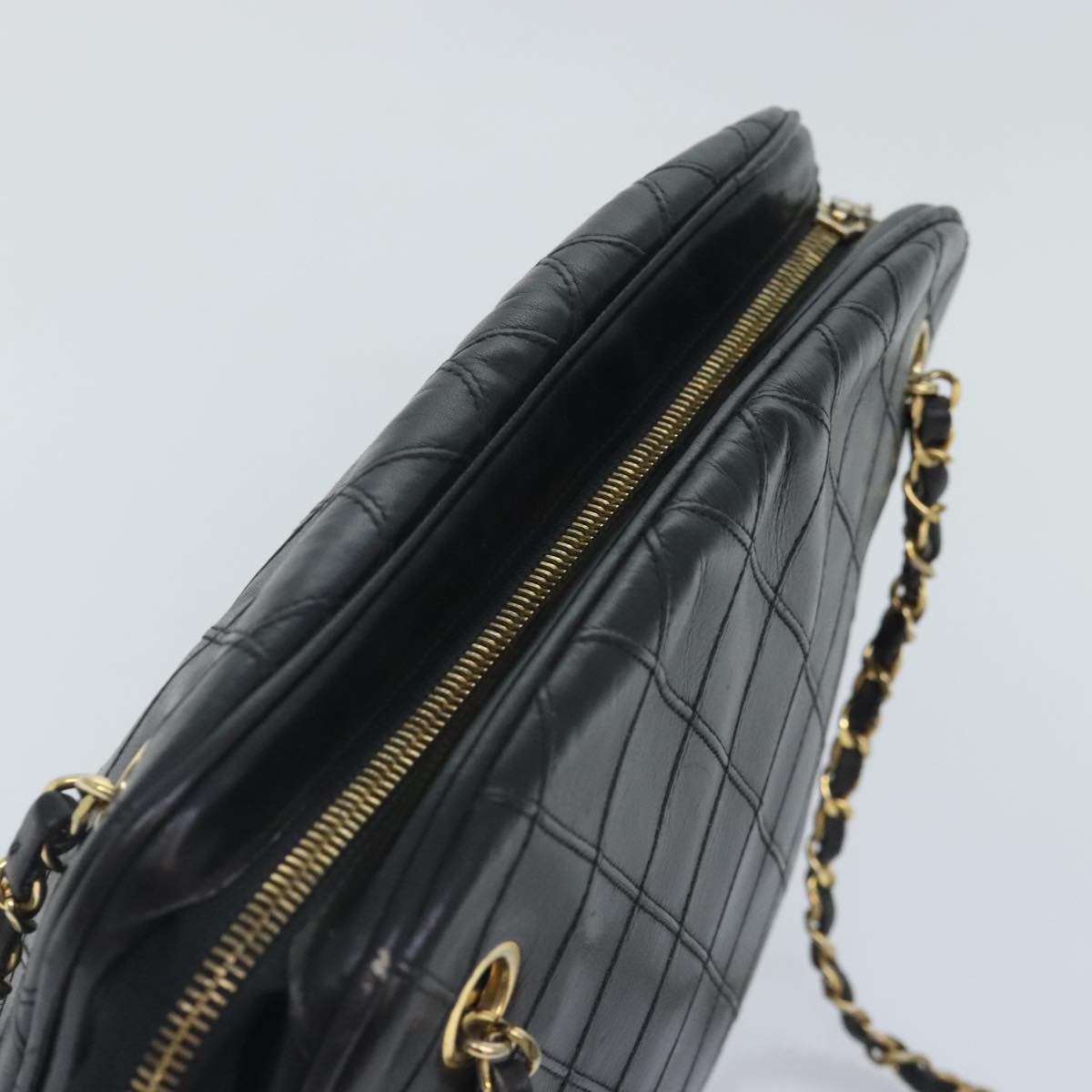 CHANEL Chain Tote Bag Lamb Skin Black Gold CC 93802