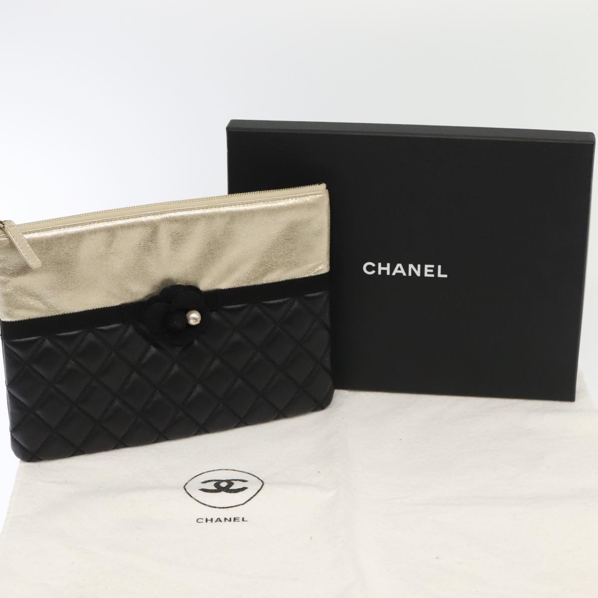 CHANEL Clutch Bag Leather Black Gold CC 93804A