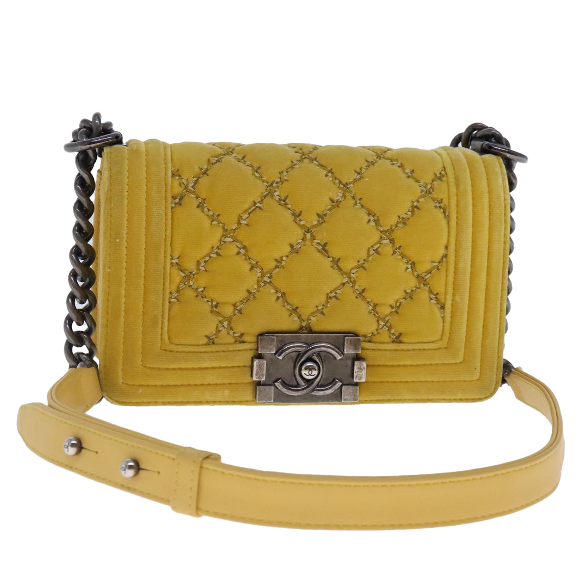 CHANEL Matelasse 20 Chain Boy Chanel Shoulder Bag Velor Yellow CC 94468A