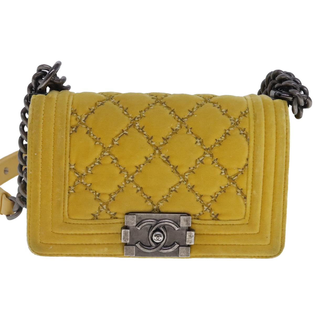 CHANEL Matelasse 20 Chain Boy Chanel Shoulder Bag Velor Yellow CC 94468A