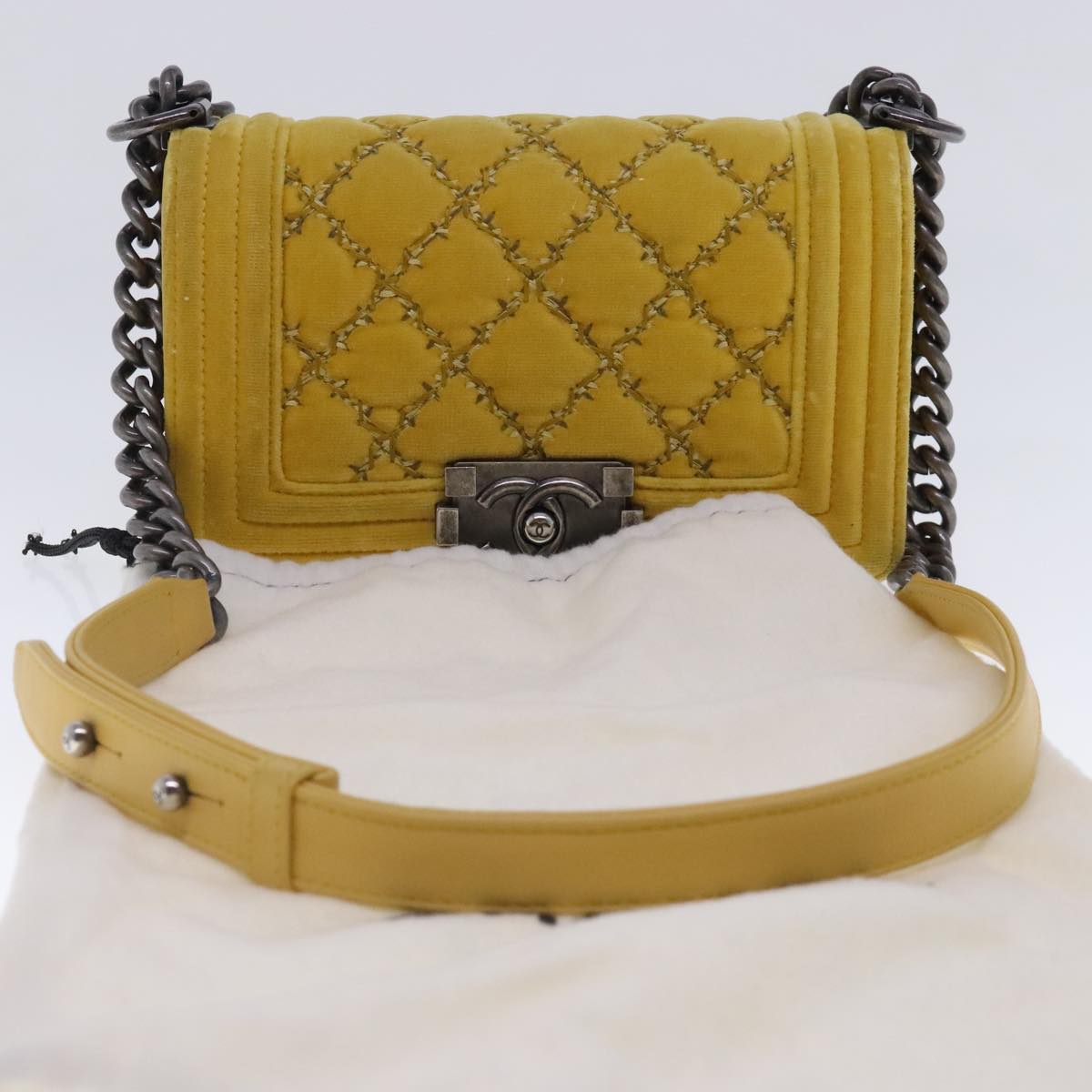 CHANEL Matelasse 20 Chain Boy Chanel Shoulder Bag Velor Yellow CC 94468A