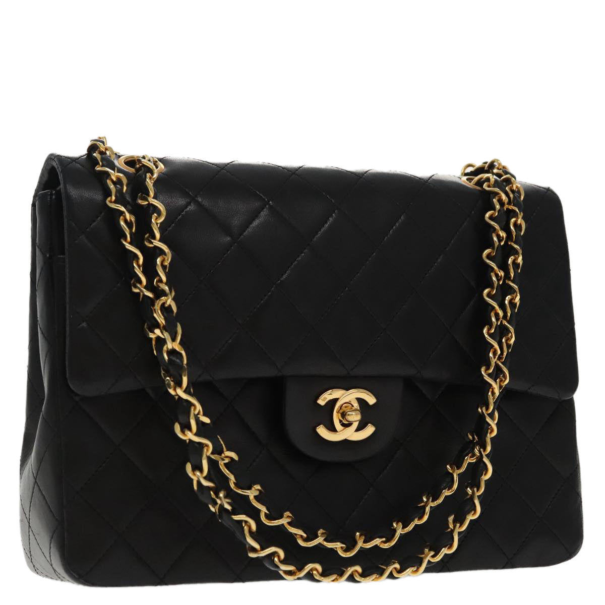 CHANEL Matelasse Chain Hand Bag Lamb Skin Black Gold CC 95715A