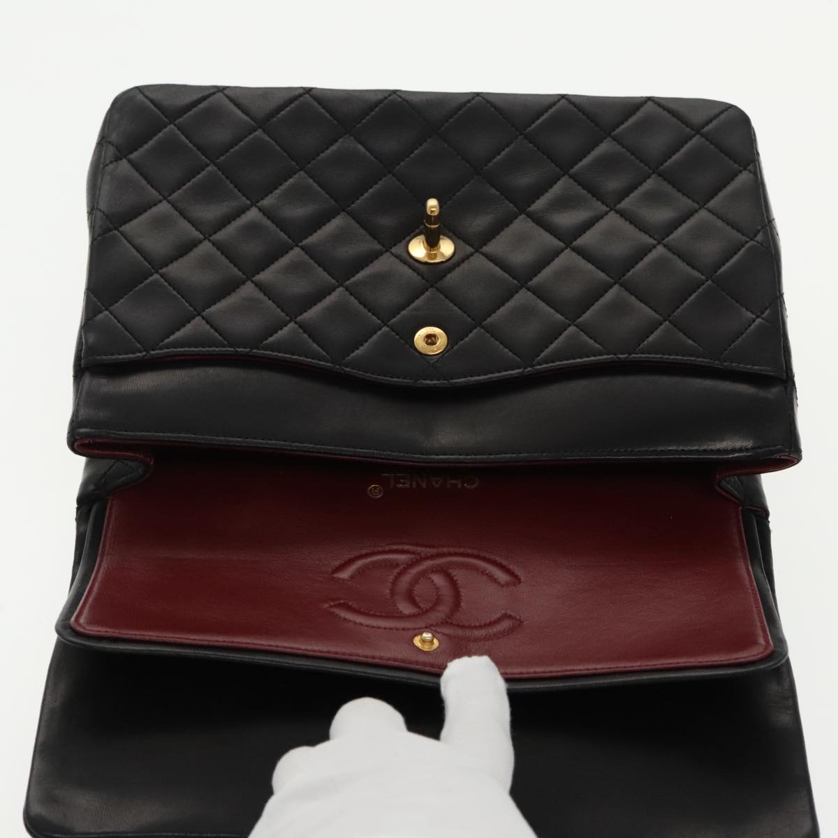 CHANEL Matelasse Chain Hand Bag Lamb Skin Black Gold CC 95715A