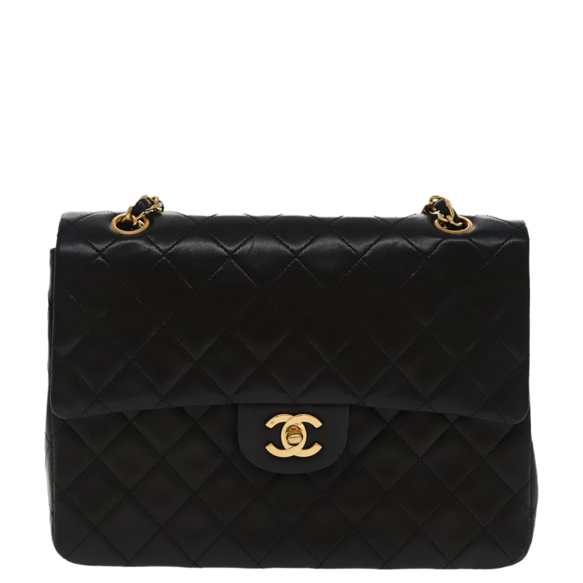 CHANEL Matelasse Chain Hand Bag Lamb Skin Black Gold CC 95715A