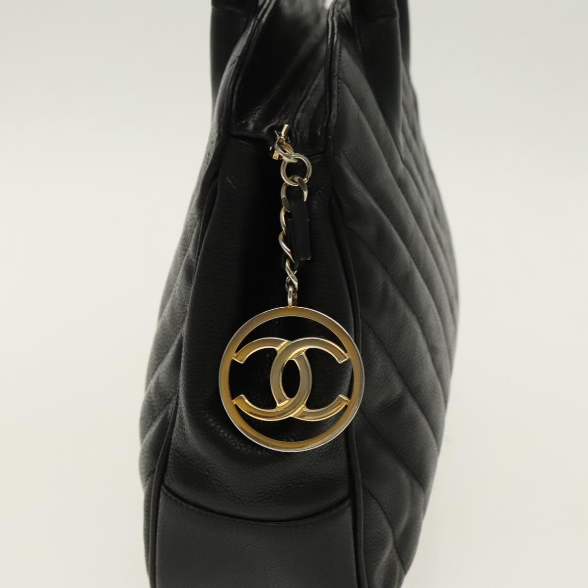CHANEL V Stitch Hand Bag Caviar Skin Black Gold CC 95729