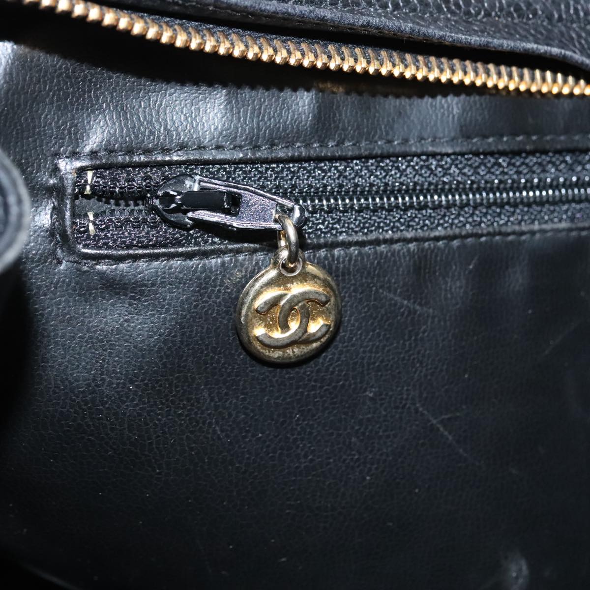 CHANEL V Stitch Hand Bag Caviar Skin Black Gold CC 95729