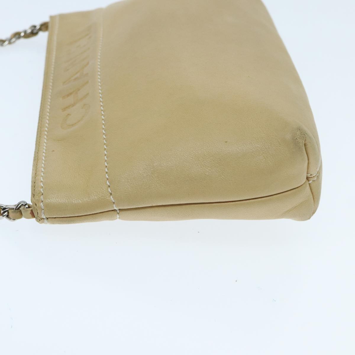 CHANEL Chain Shoulder Pouch Leather Beige Silver CC 96004