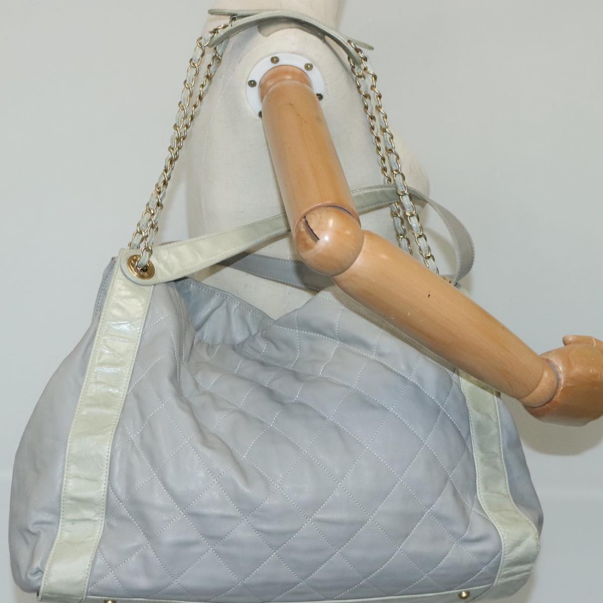 CHANEL Chain Shoulder Bag Leather 2way Gray Gold CC 96778
