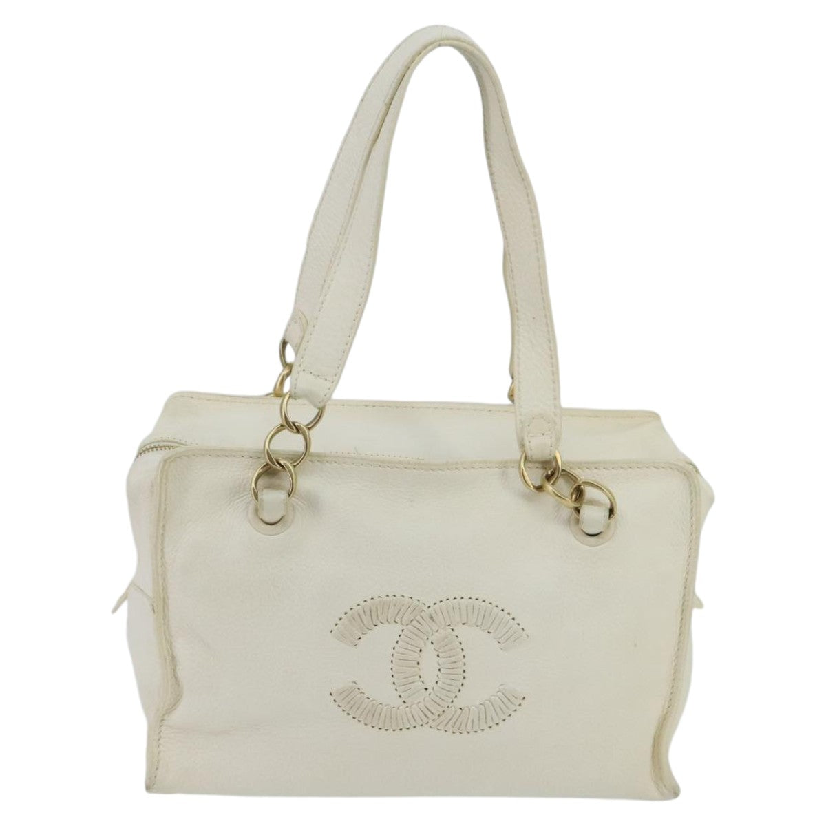 CHANEL Shoulder Bag Leather White Gold CC 97045