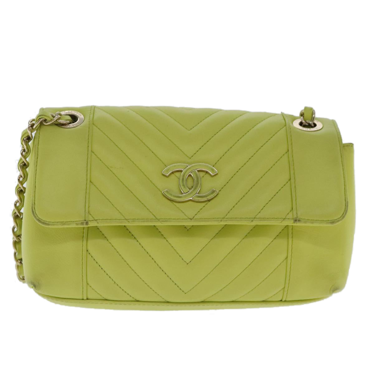 CHANEL Chain V Stitch Shoulder Bag Lamb Skin Yellow Gold CC 97148