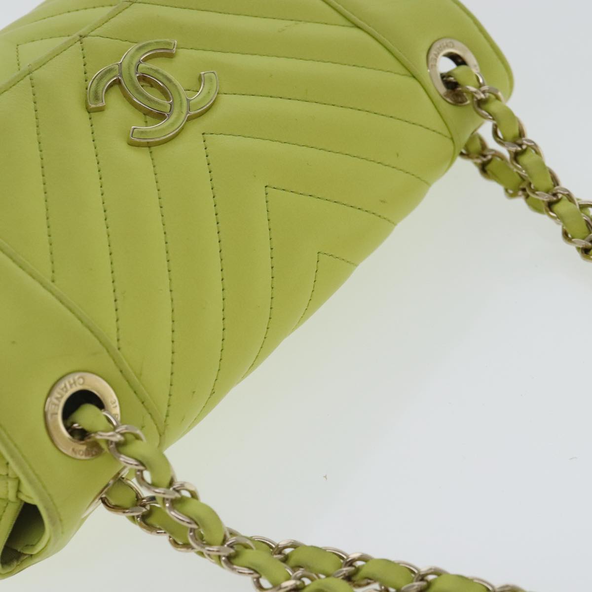 CHANEL Chain V Stitch Shoulder Bag Lamb Skin Yellow Gold CC 97148